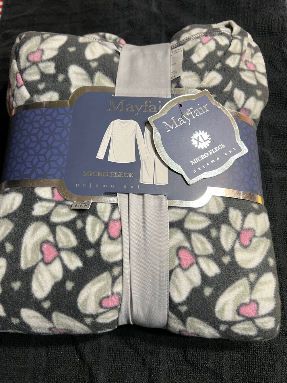 Mayfair Microfleece Pajama Set - Gray with White & Pink Floral Hearts